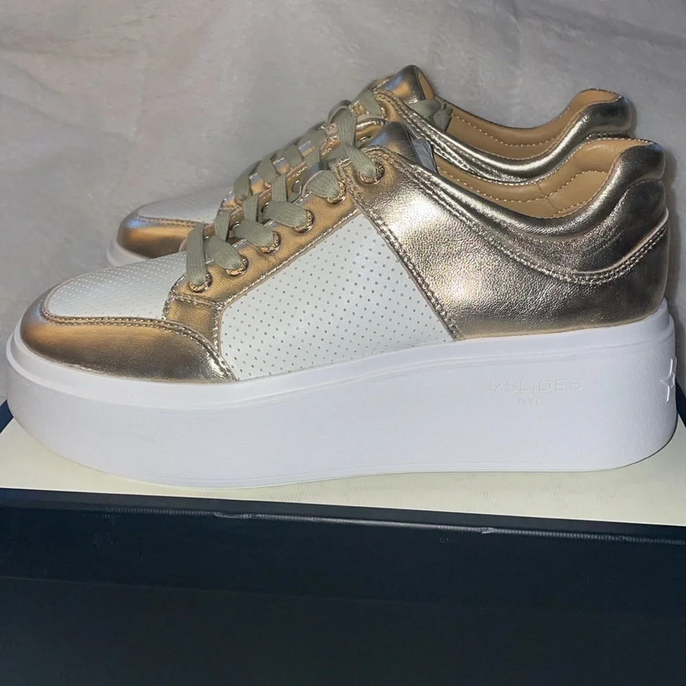 NWT J/SLIDES HARLOWE White/Light Gold Leather Sneaker - Picture 10 of 15